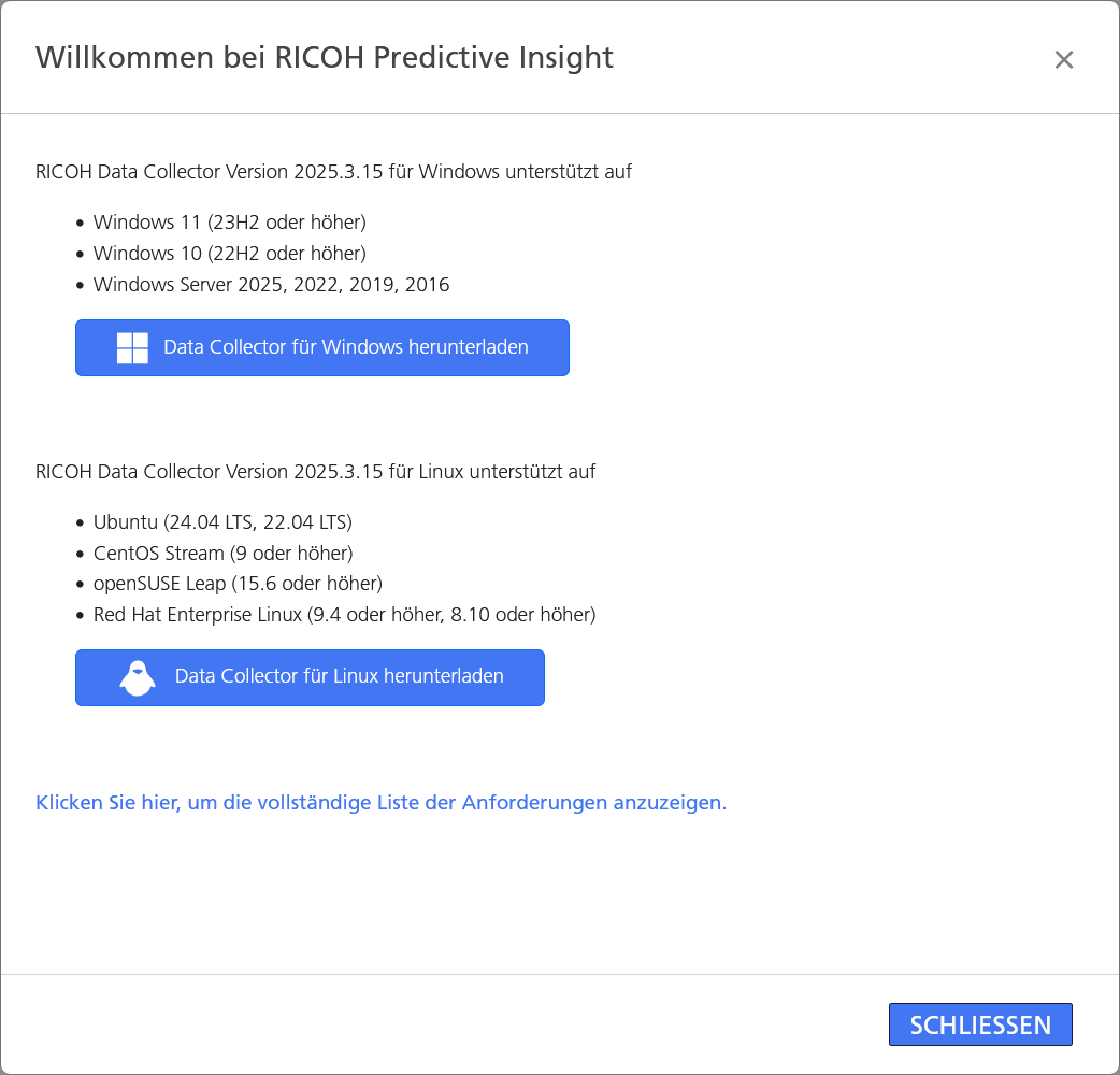 Willkommen bei RICOH Predictive Insight-Dialogfeld
