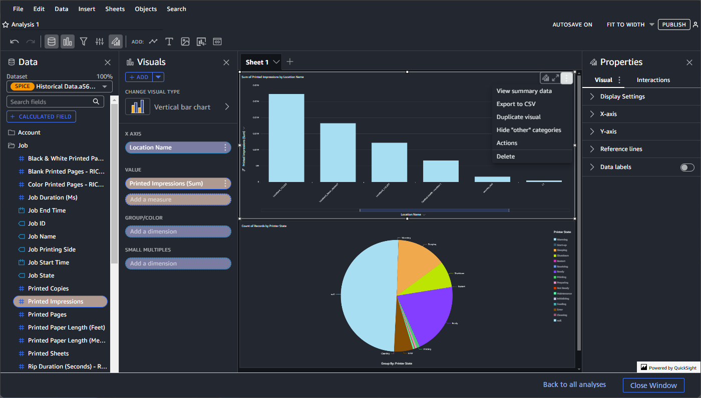Analysis page - Visual menu