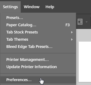 Settings menu — Preferences